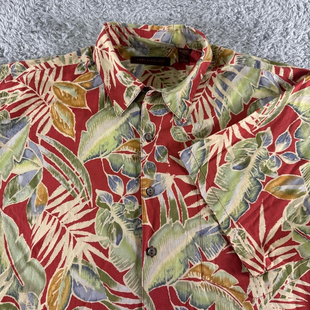 Tori‎ Richard Mens Large Red Tropical Leaf Print Cotton Lawn Hawaiian Shirt USA